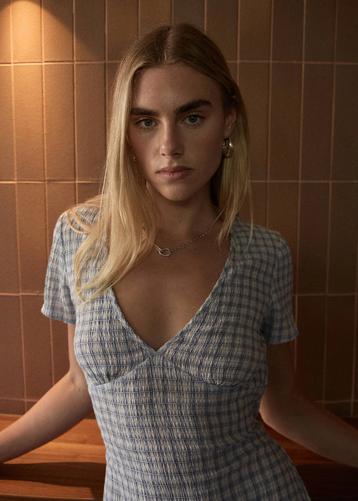 Maeve Seersucker Maxi Dress – Powder Blue Check