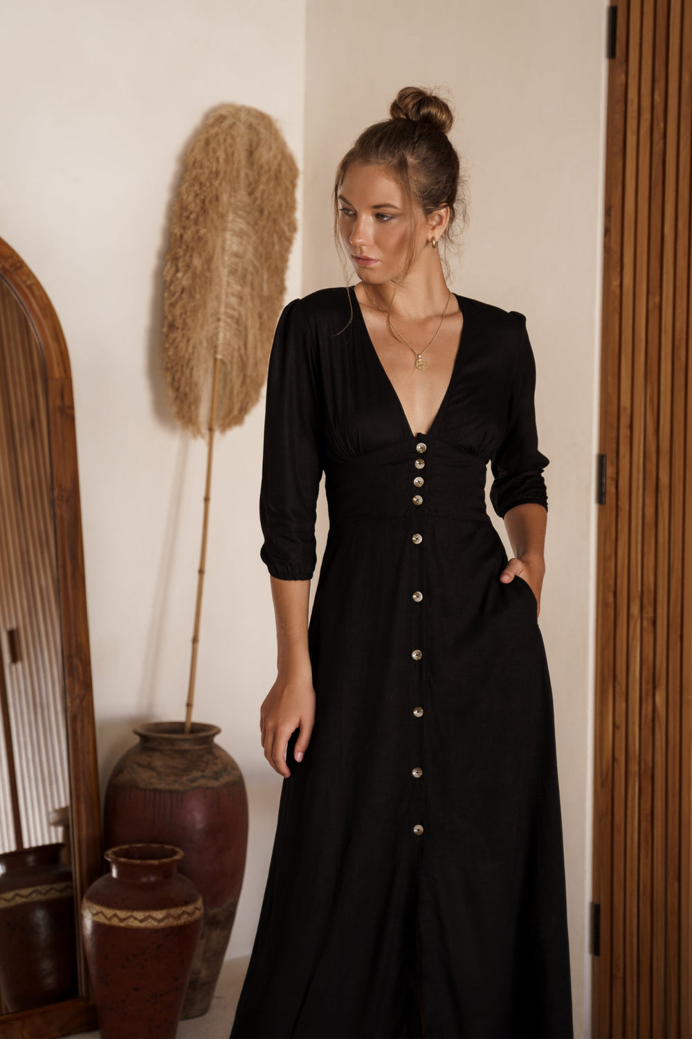 Womens Whisper Light Button up Midi Dress - Black