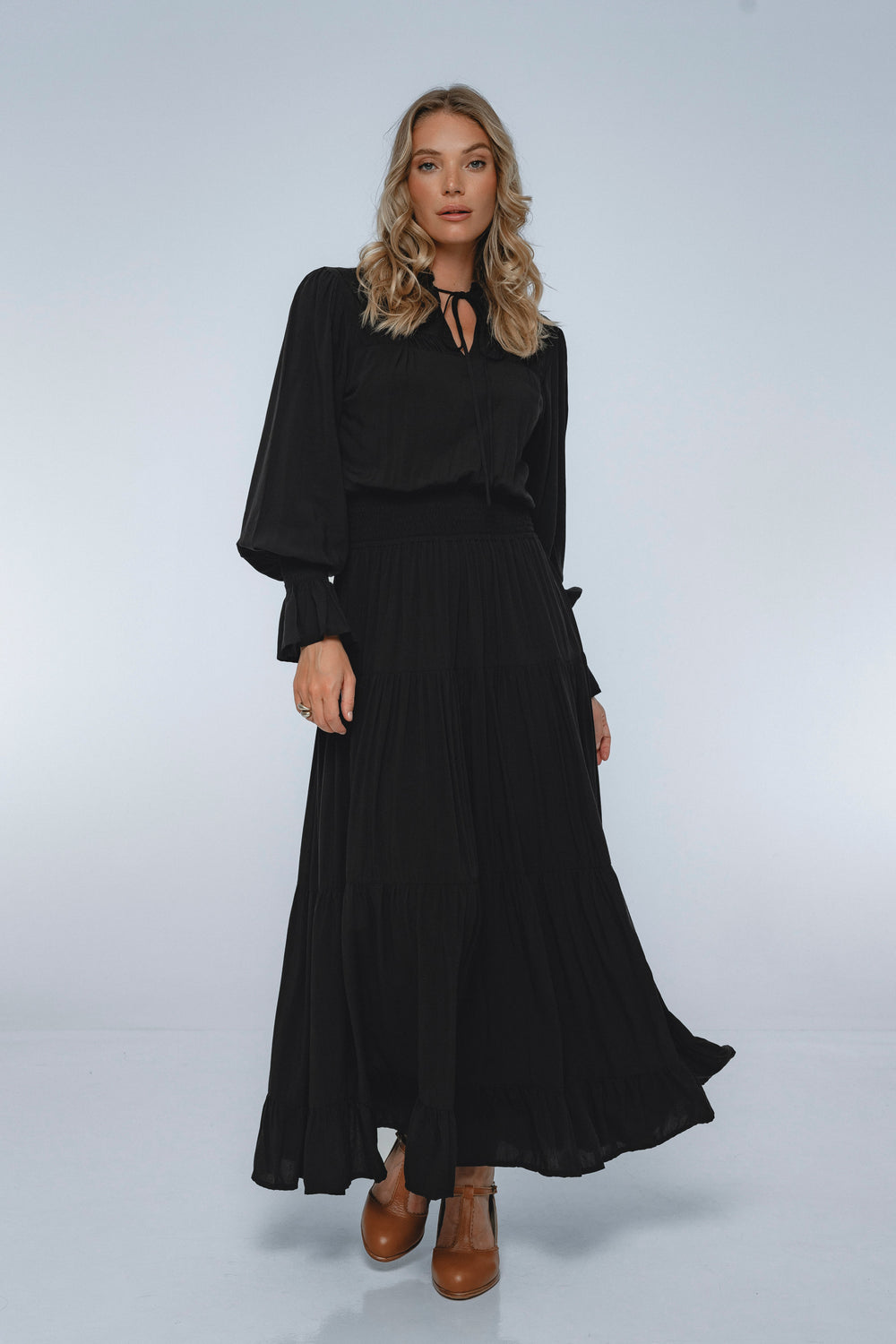 Womens White Lotus Ruffled Maxi Dress