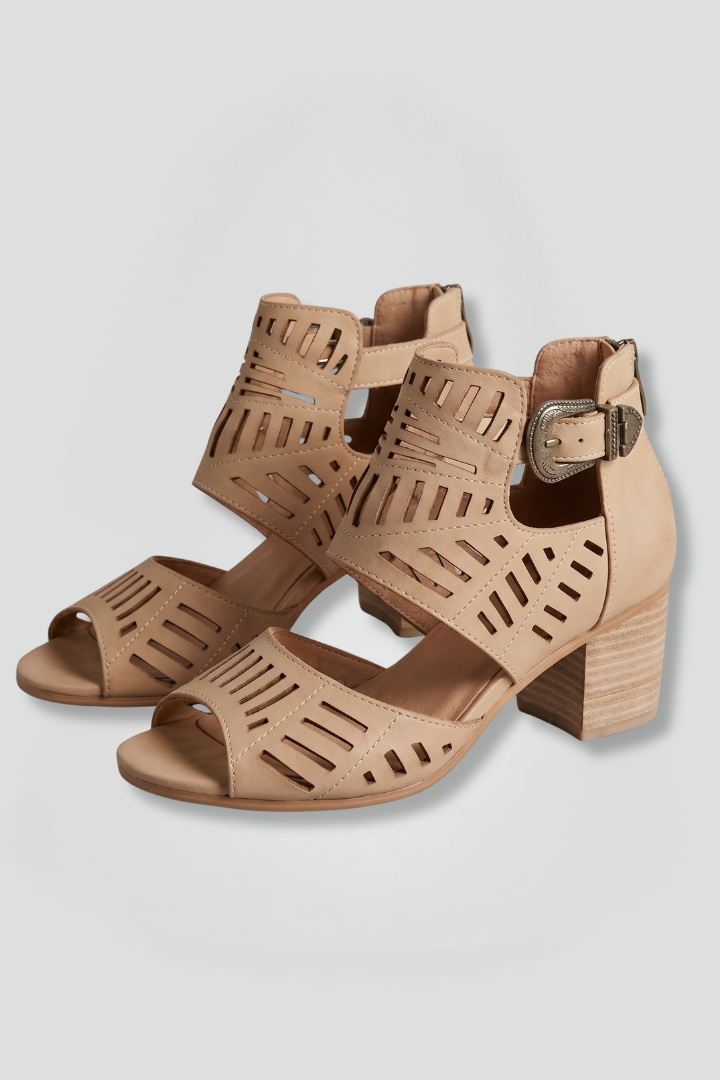 Tara Laser-Cut Block-Heel Ankle Strap Sandals