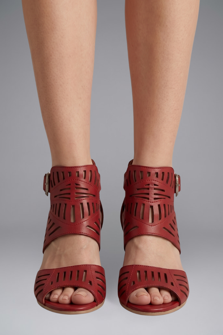 Tara Laser-Cut Block-Heel Ankle Strap Sandals