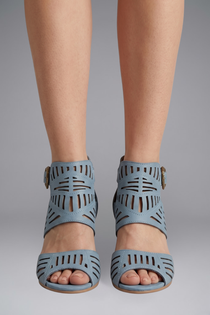 Tara Laser-Cut Block-Heel Ankle Strap Sandals