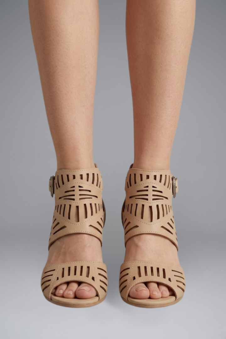 Tara Laser-Cut Block-Heel Ankle Strap Sandals