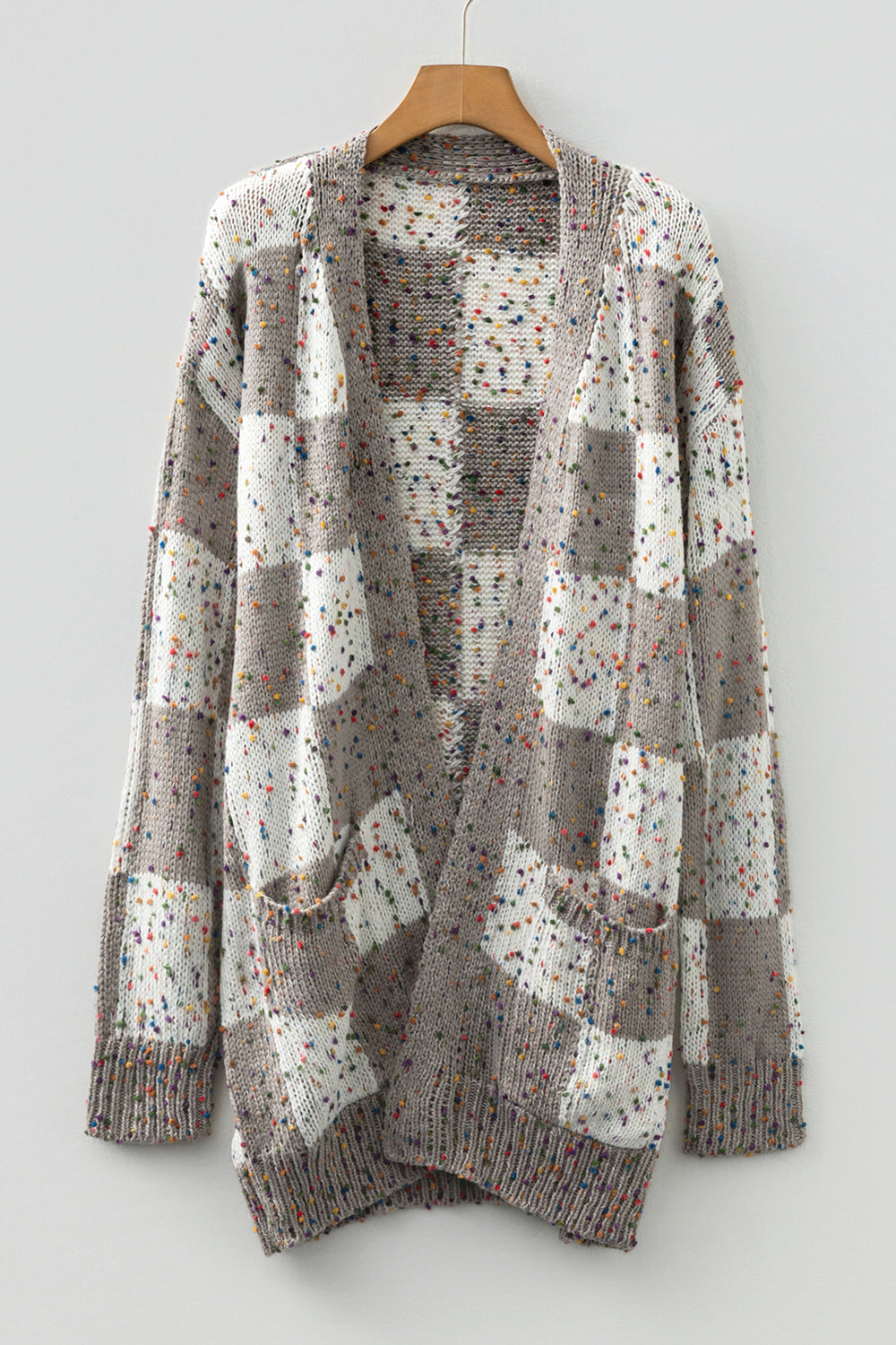 Brown Confetti Dot Checkered Print Open Cardigan with Pockets