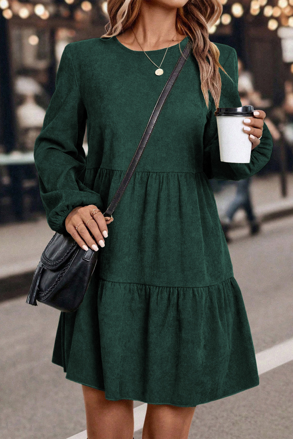 Dark Brown Lantern Sleeve Tiered Mini Dress