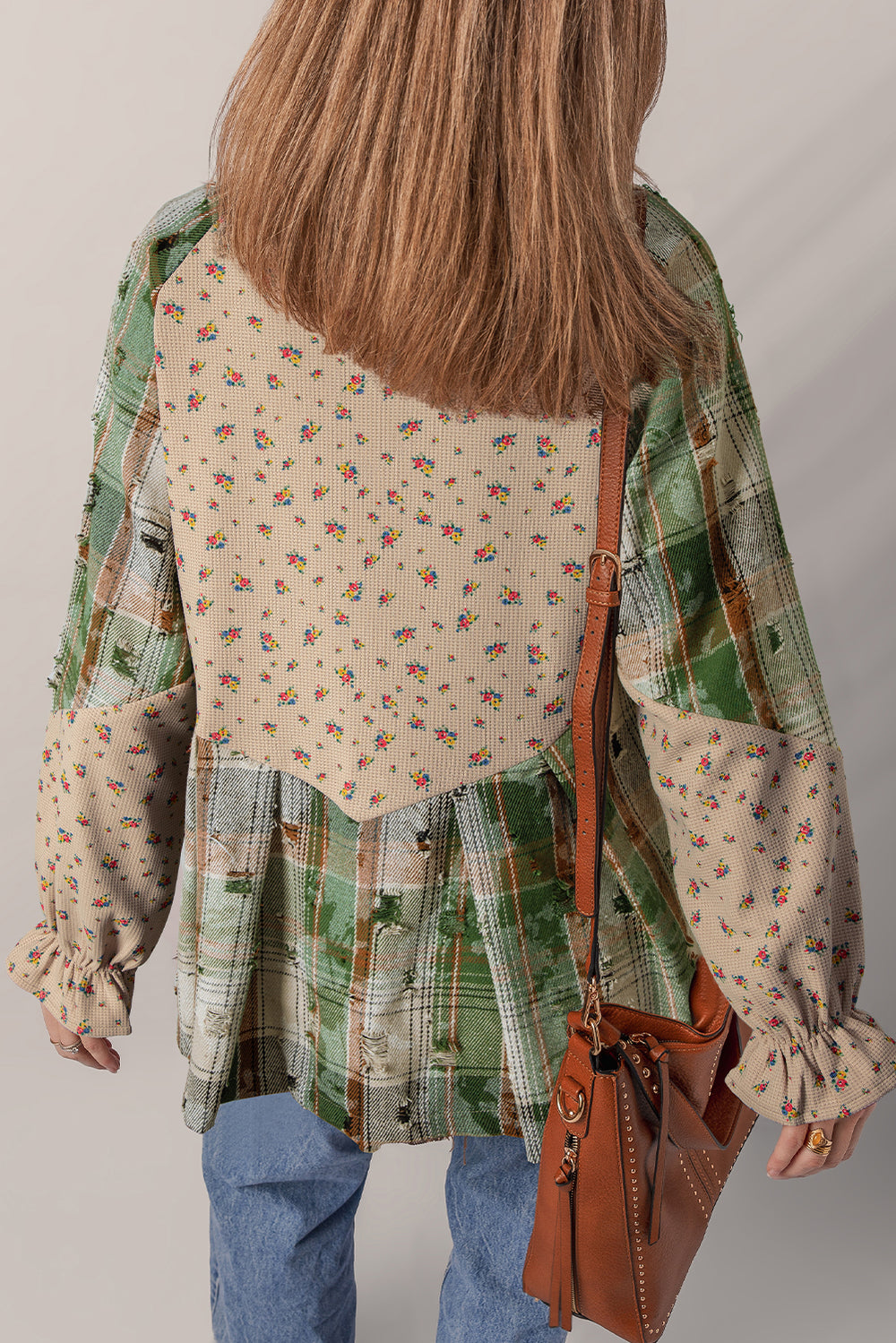 Oatmeal Boho Floral Plaid Patchwork Distressed Detail Ruffled Sleev...