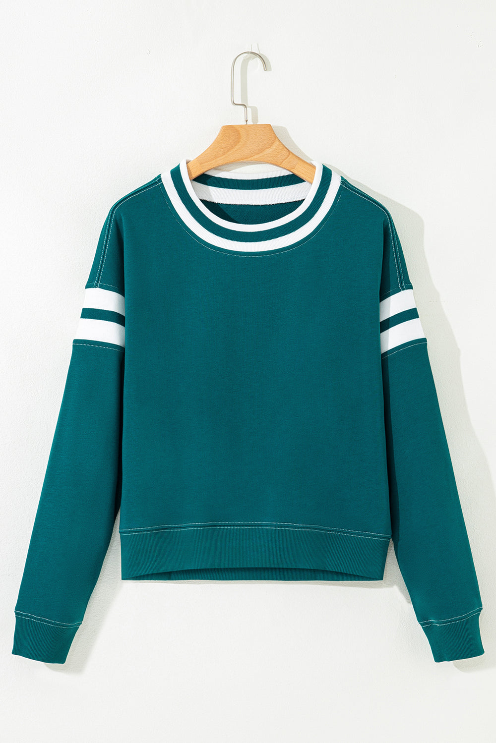 Blackish Green Contrast Striped Patchwork Round Neck Drop Shoulder ...