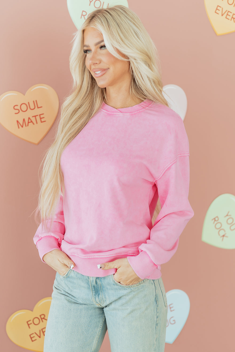 Bright Pink Mineral Wash Crossed Crew Neck Drop Shoulder Loose Swea...