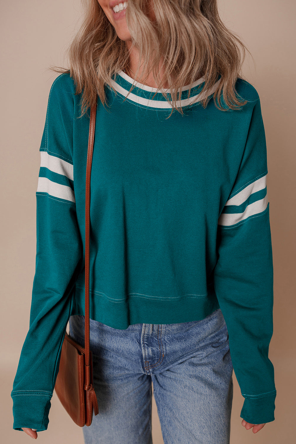 Blackish Green Contrast Striped Patchwork Round Neck Drop Shoulder ...