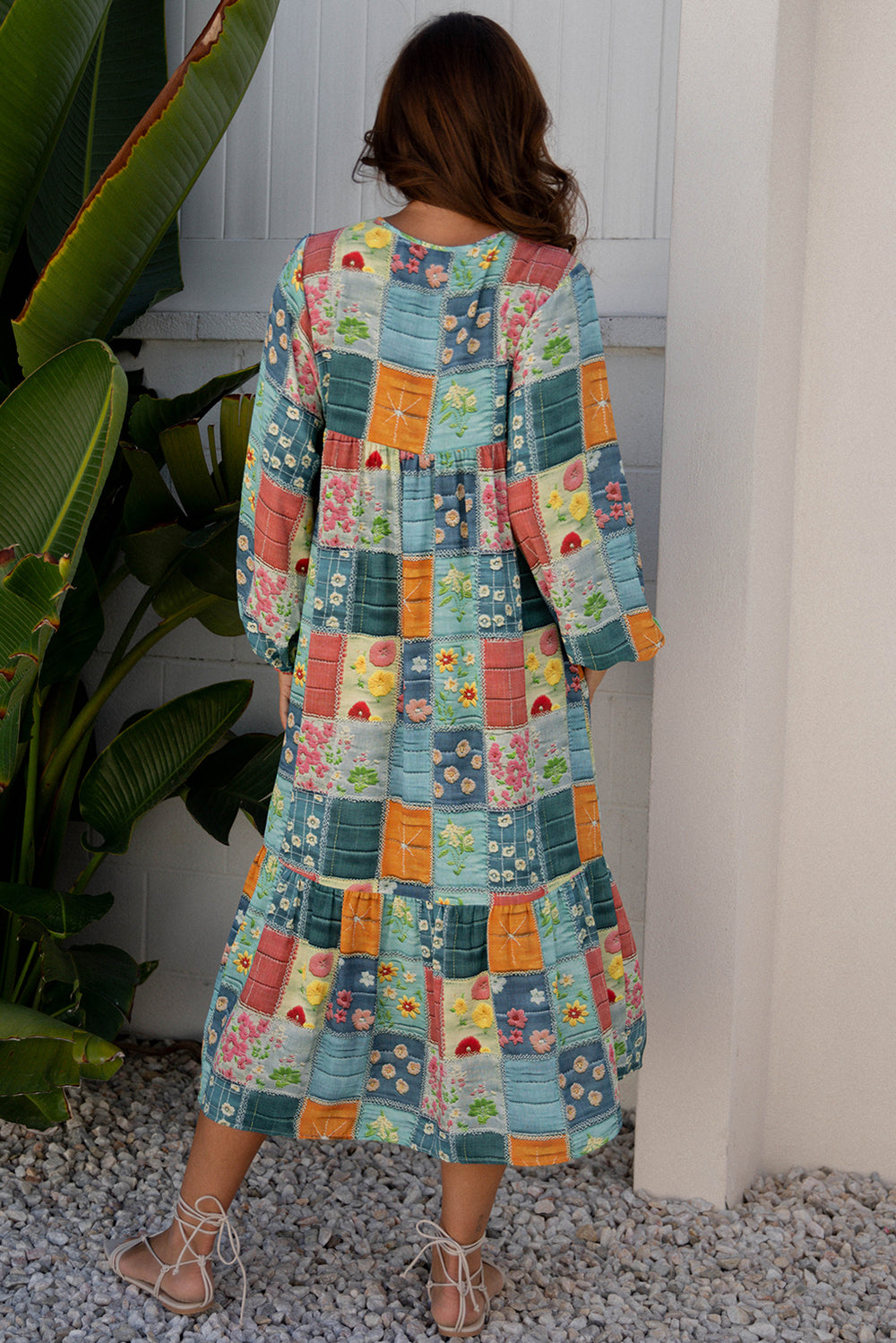 Sky Blue Mix Floral Checkered Pattern Bubble Sleeve Ruffle Hem Dress