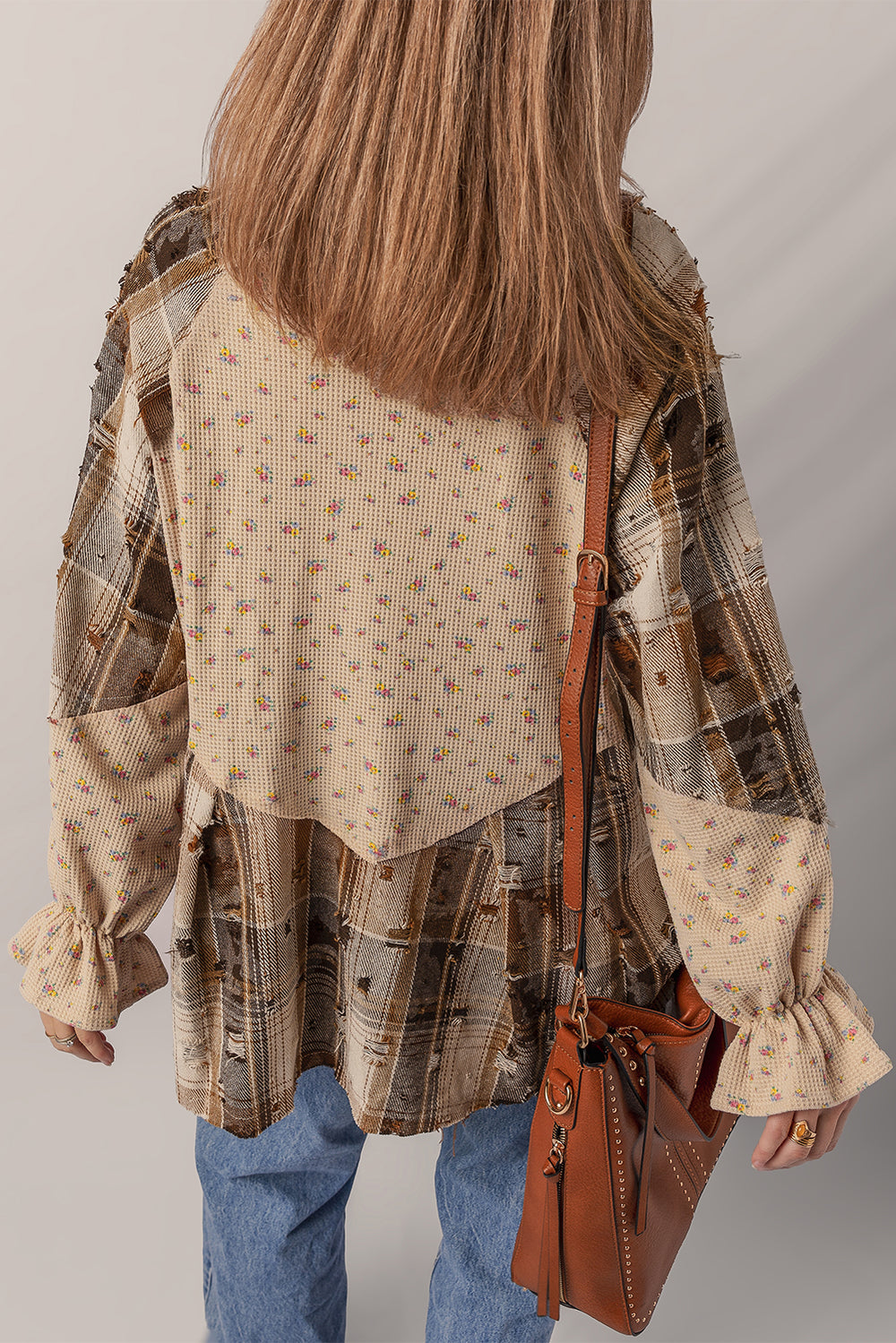 Oatmeal Boho Floral Plaid Patchwork Distressed Detail Ruffled Sleev...
