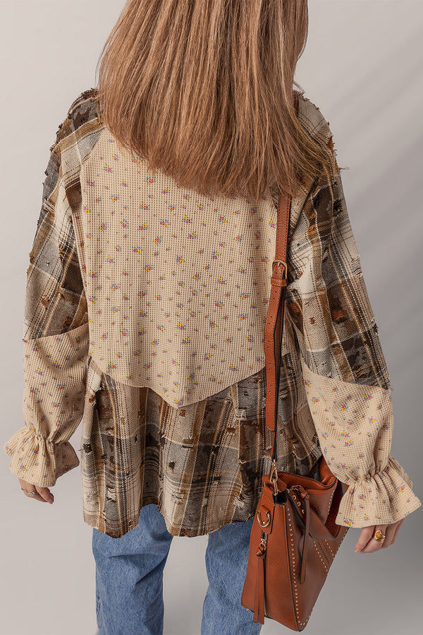 Oatmeal Boho Floral Plaid Patchwork Distressed Detail Ruffled Sleev...