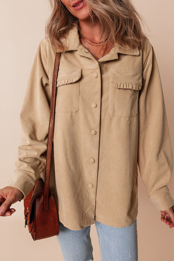Light French Beige Solid Frilled Flap Pocket Button Up Corduroy Sha...
