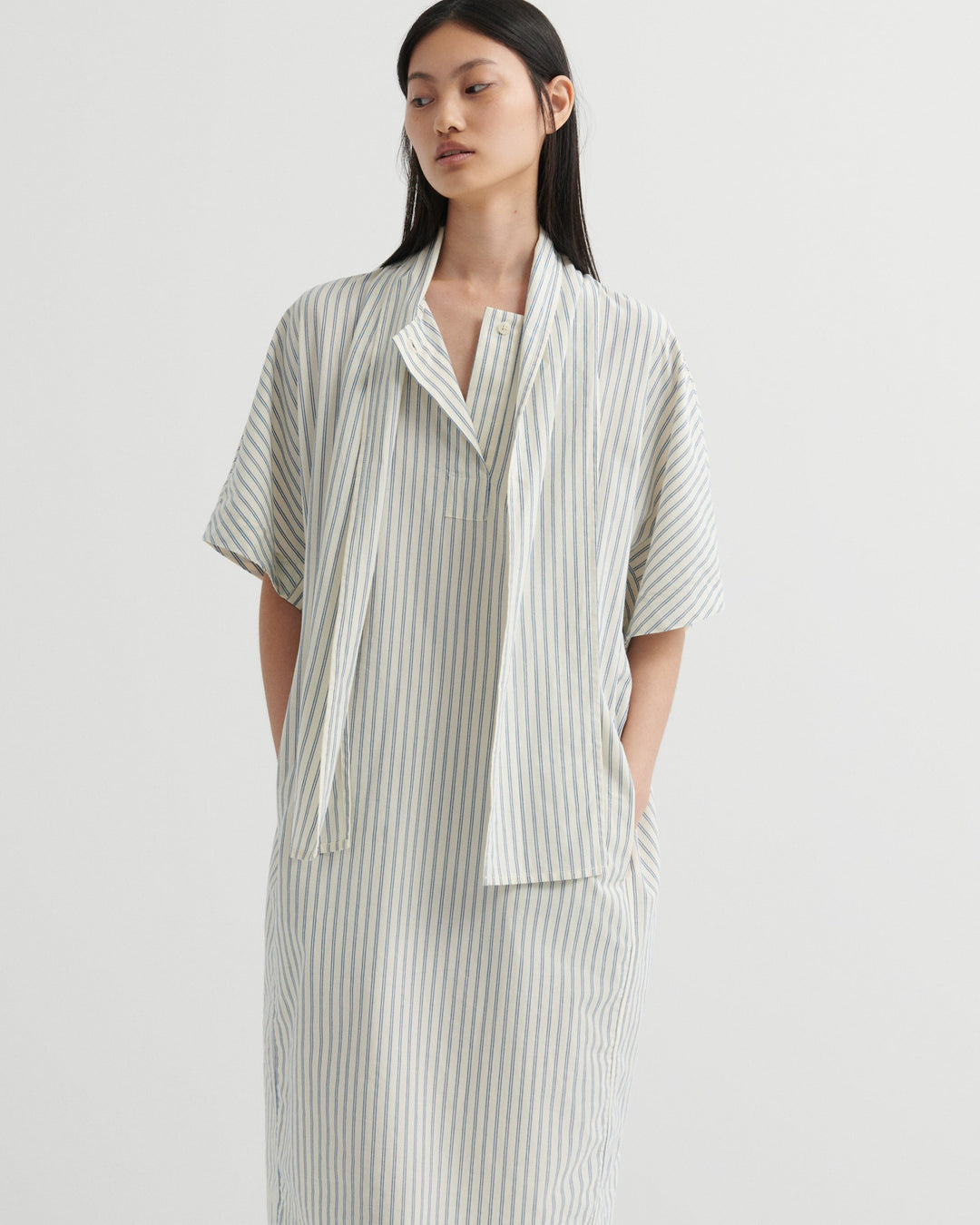Ascot Tie-Neck Striped Dress – Ticking Stripe