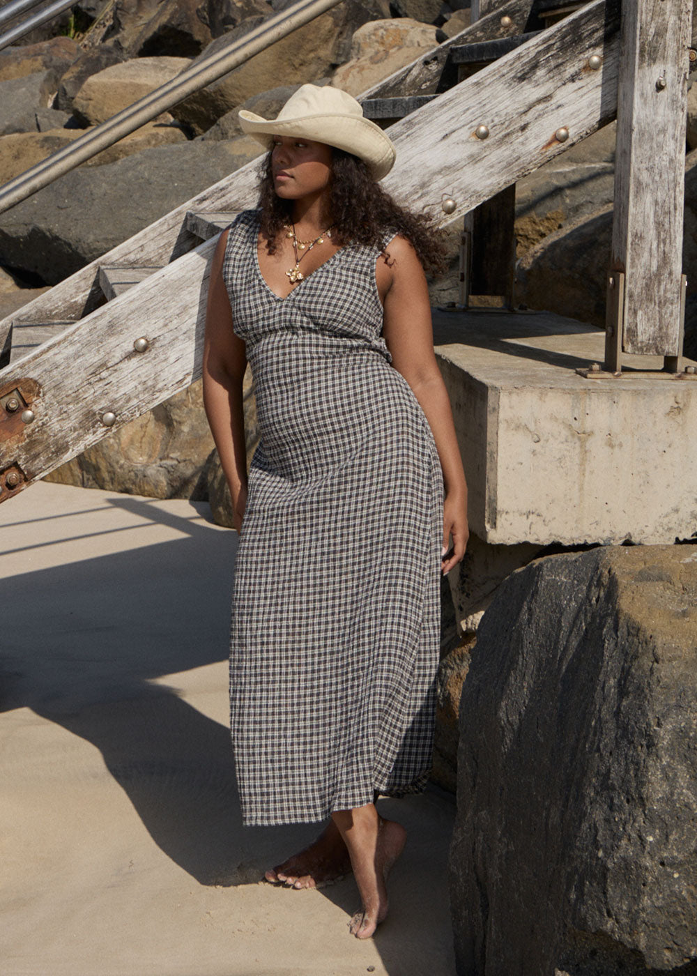 Womens Seersucker Maxi Dress Tully - Asta Steel Check - AFENDS