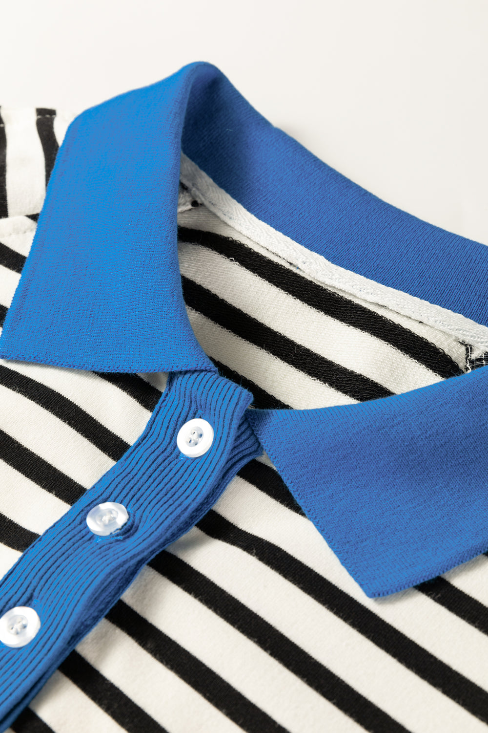 Black Stripe Color Block Patchwork Button Polo Collar Side Slit Swe...