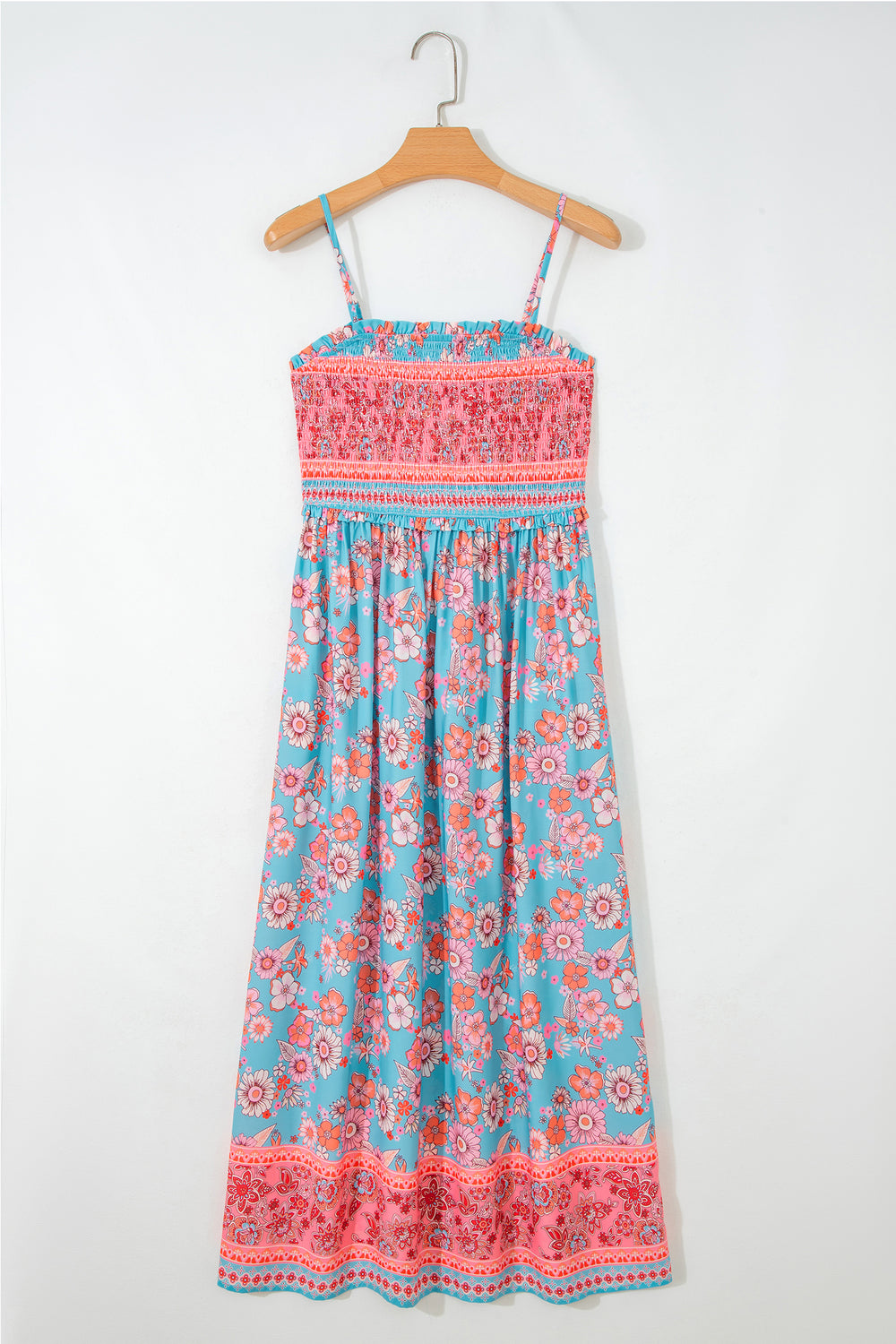 Sky Blue Bohemian Ethnic Print Spaghetti Straps Vacation Maxi Dress