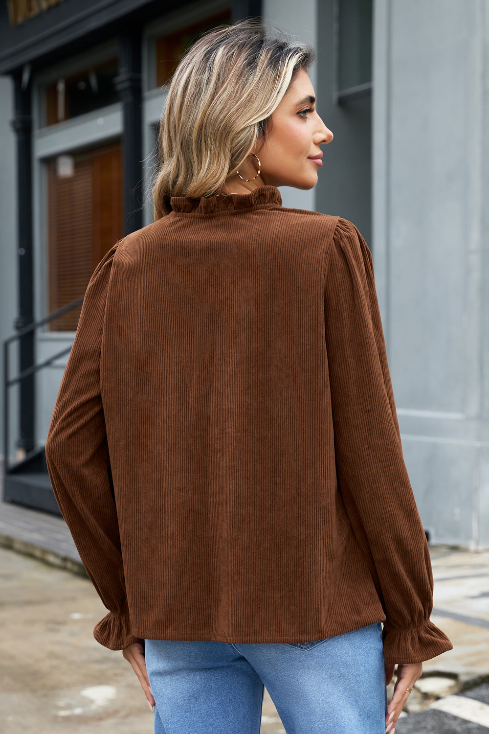 Coffee Solid Color Ruffle Trim V Neck Long Sleeve Button Corduroy S...