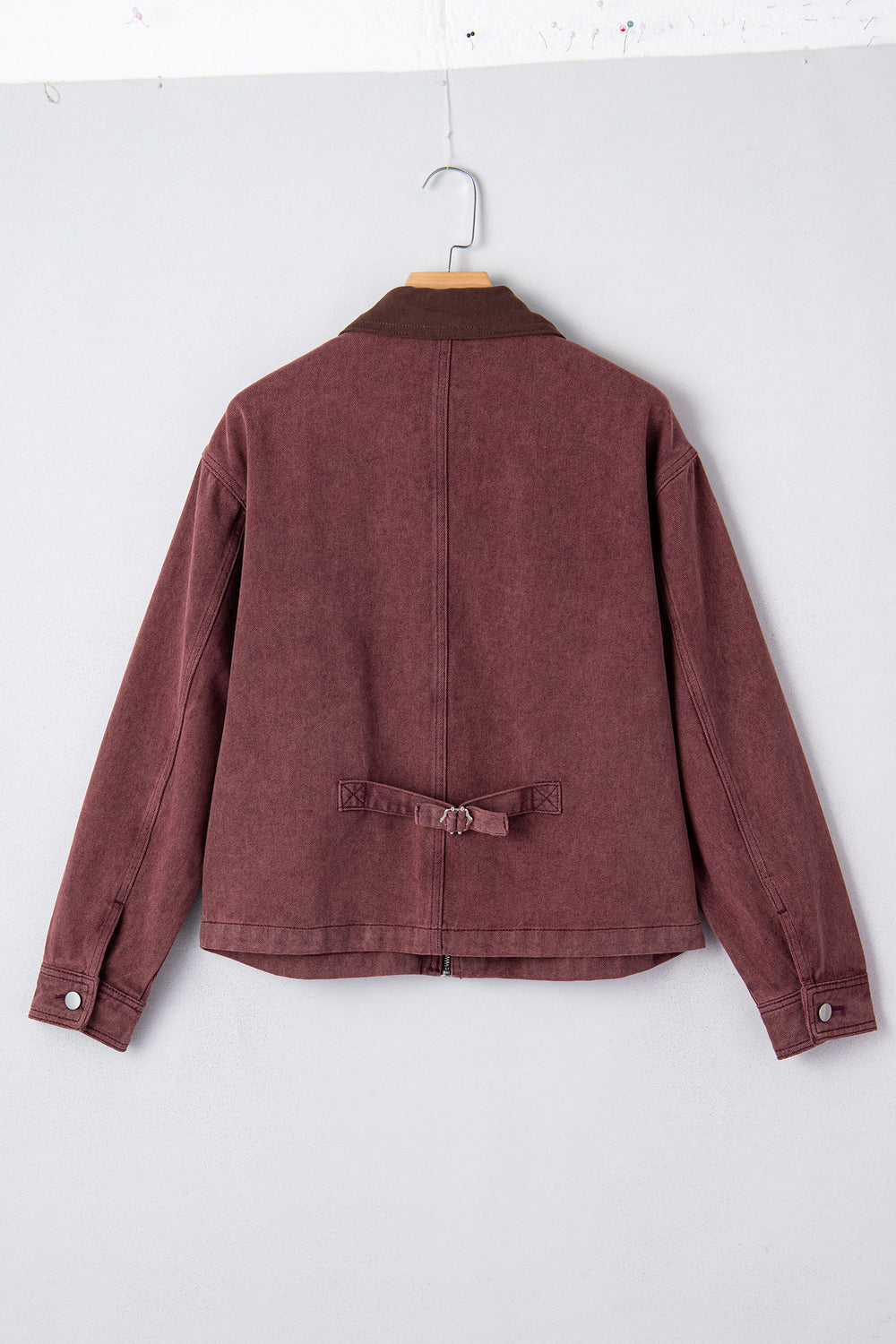 Coffee Corduroy Collar Zipped Front Denim Jacket - Denim Jacket