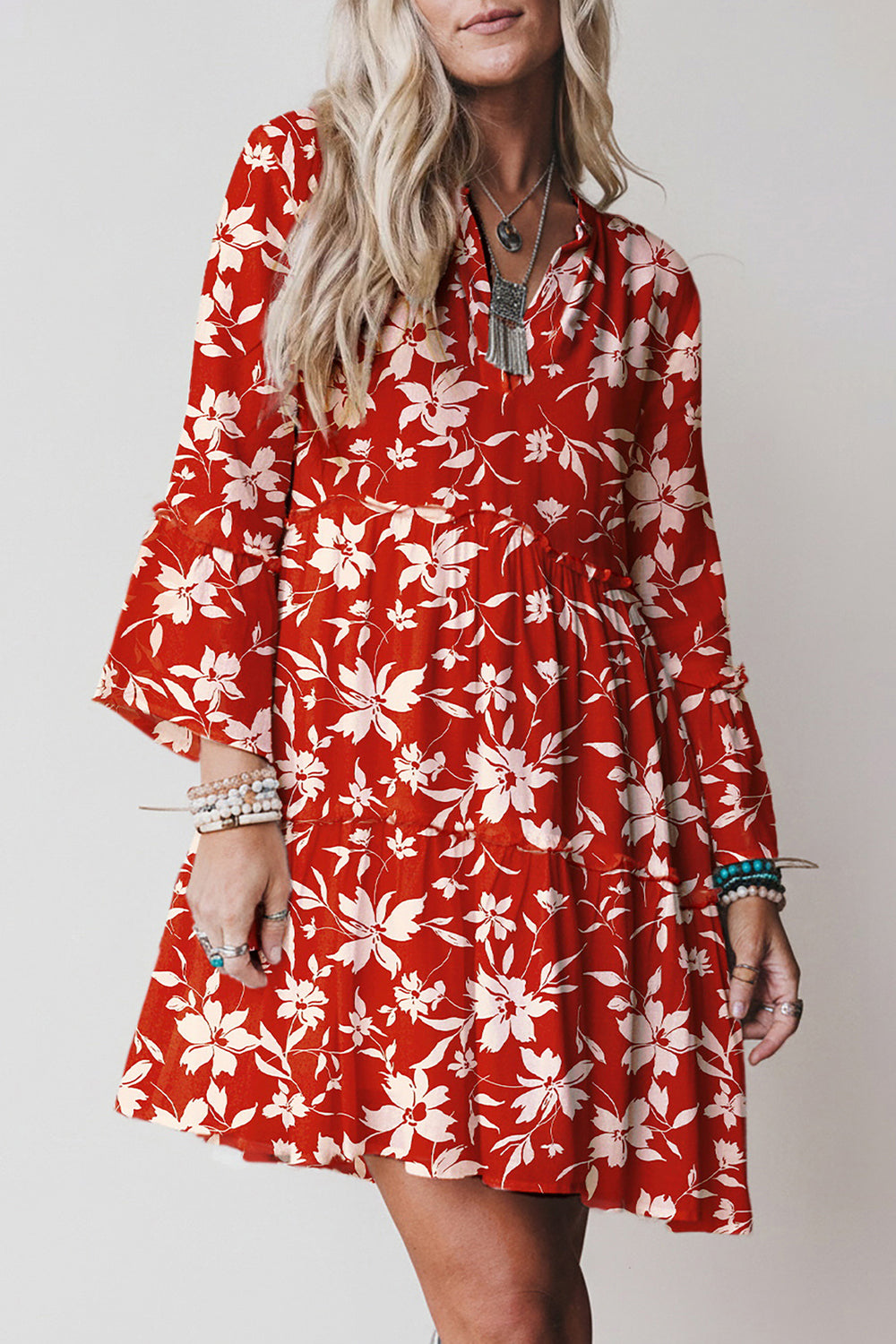 Sky Blue Boho Floral Print Lettuce Trim 3/4 Sleeve Mini Dress