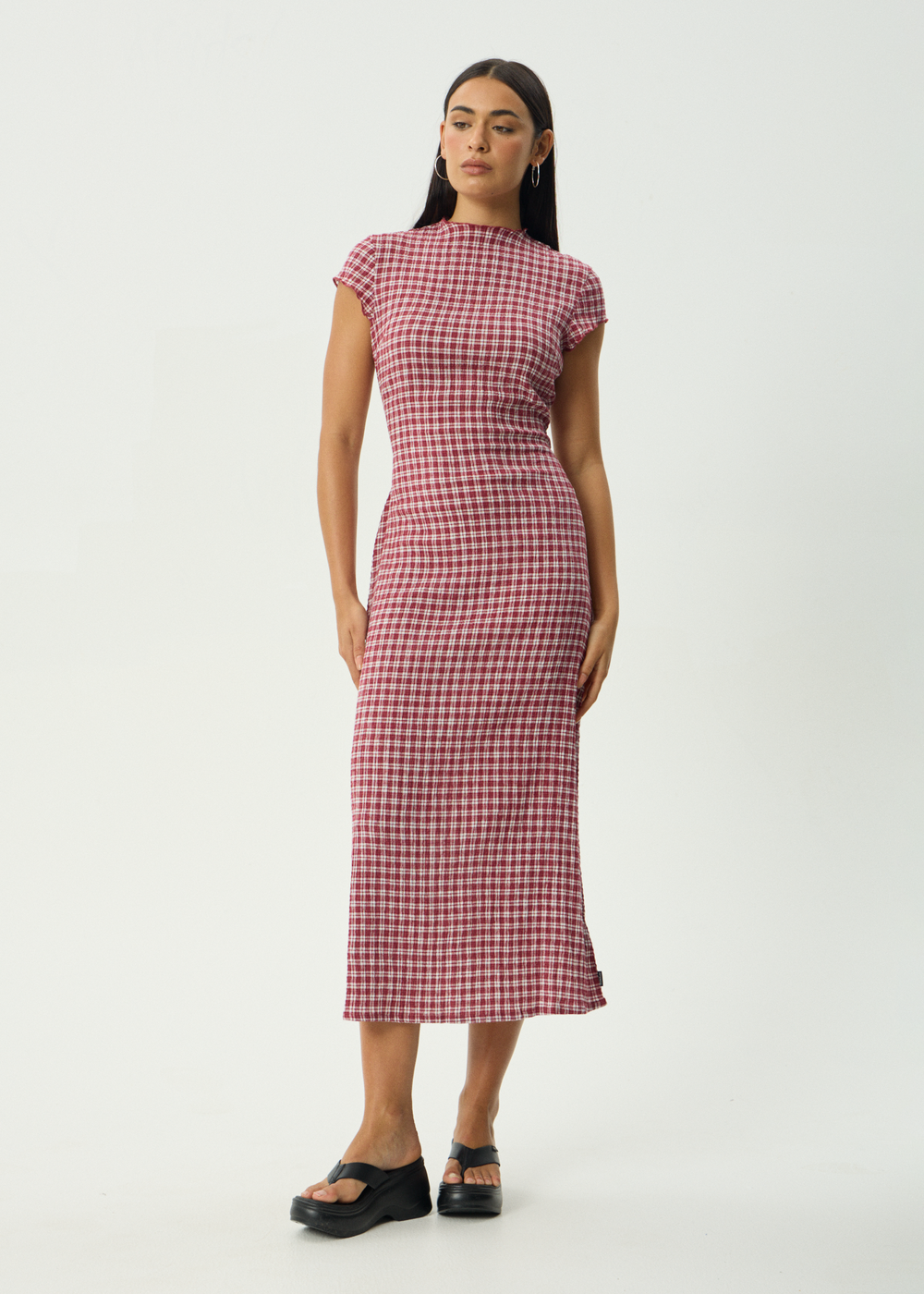 Womens Seersucker Midi Dress Elodie - Base Burgundy Check - AFENDS