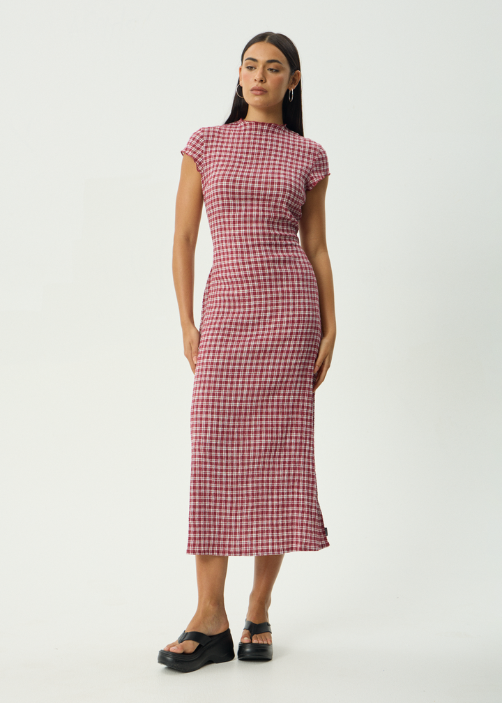 Elodie Seersucker Midi Dress – Burgundy Check