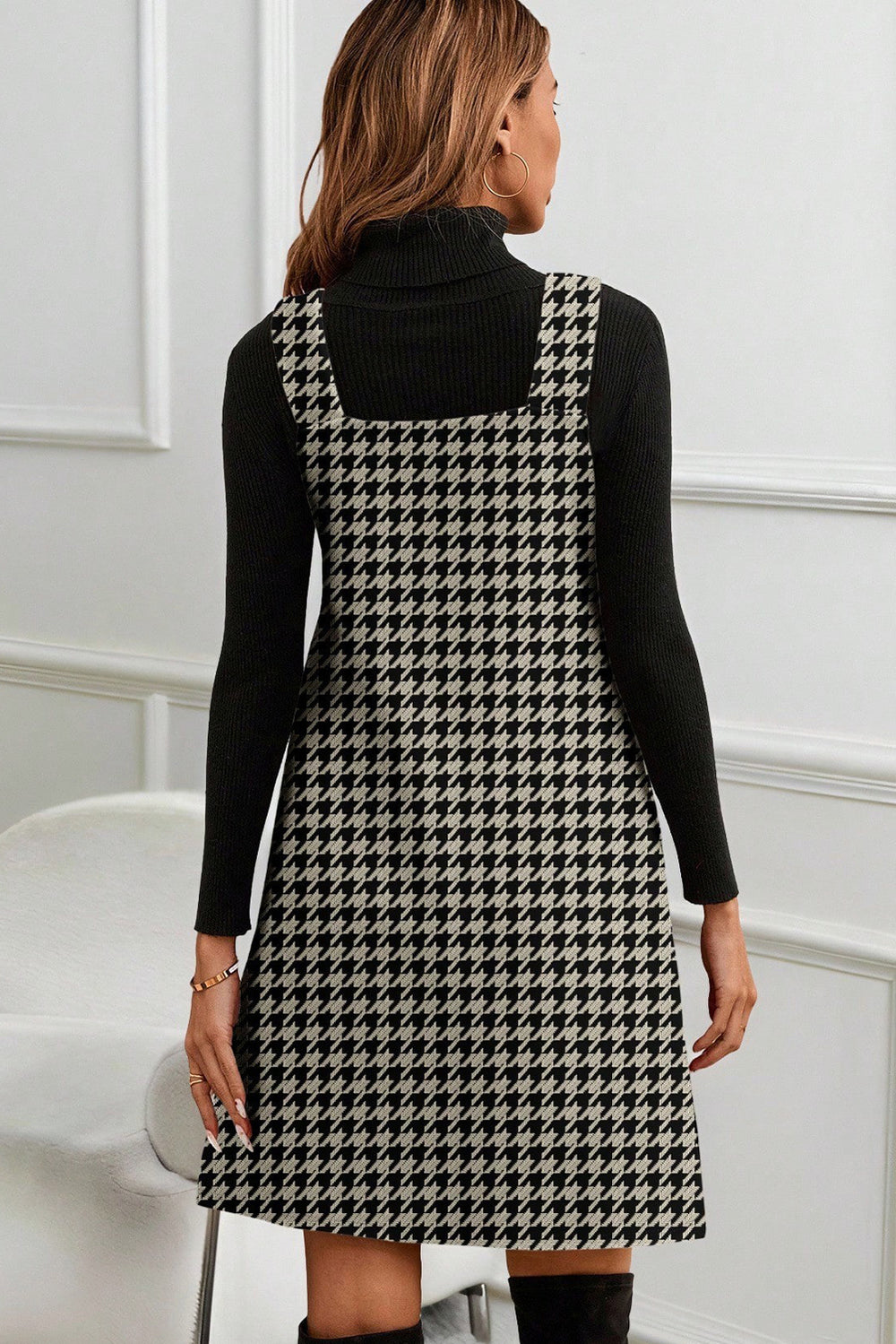 Red Houndstooth Print V Neck Sleeveless Mini Dress