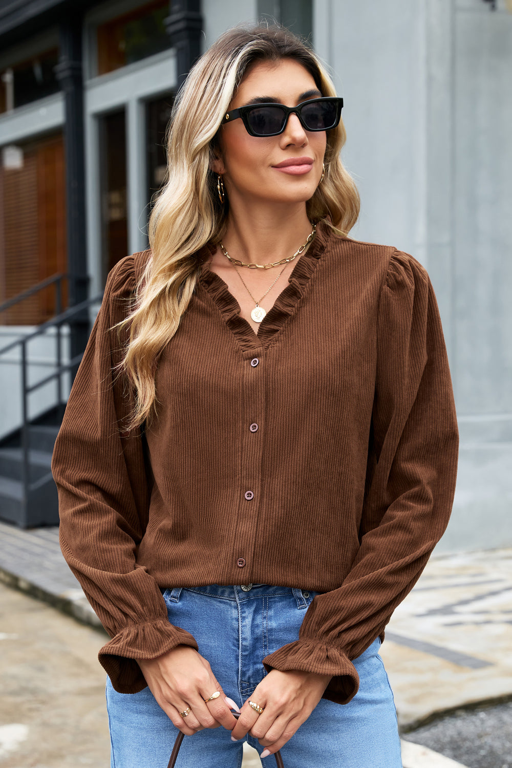 Coffee Solid Color Ruffle Trim V Neck Long Sleeve Button Corduroy S...