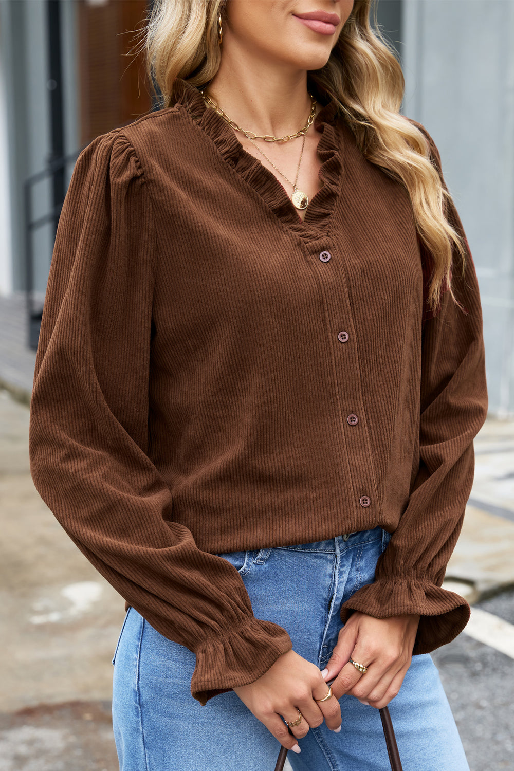 Coffee Solid Color Ruffle Trim V Neck Long Sleeve Button Corduroy S...