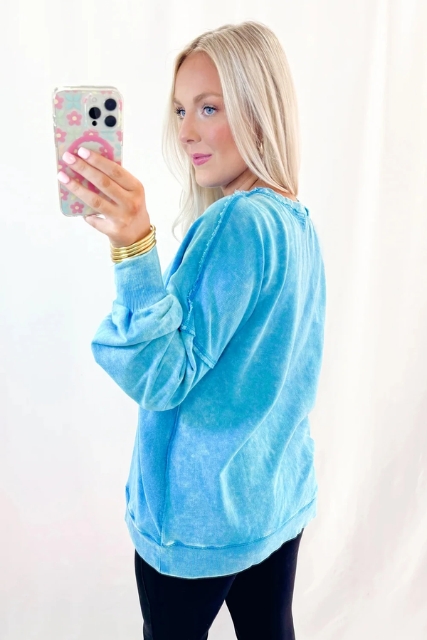 Blue Mineral Wash Raw Seam Double Patched Pocket Pullover Sweatshirt