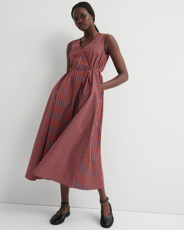 Belle Belted V-Neck Check Pinafore Dress – Maroon Check