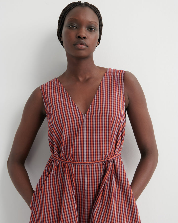 Belle Belted V-Neck Check Pinafore Dress – Maroon Check