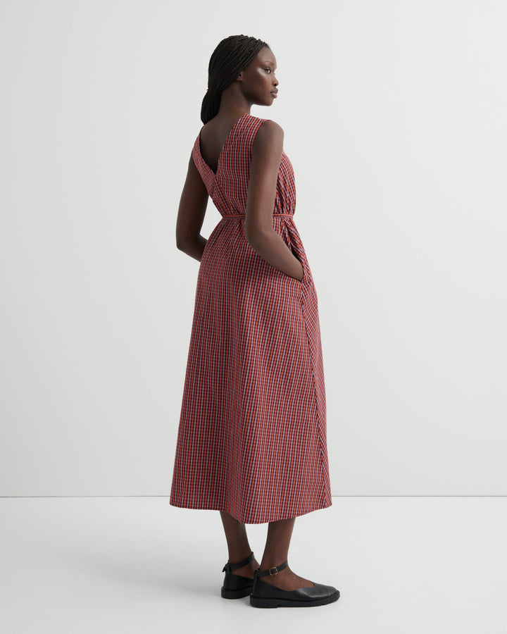 Belle Belted V-Neck Check Pinafore Dress – Maroon Check