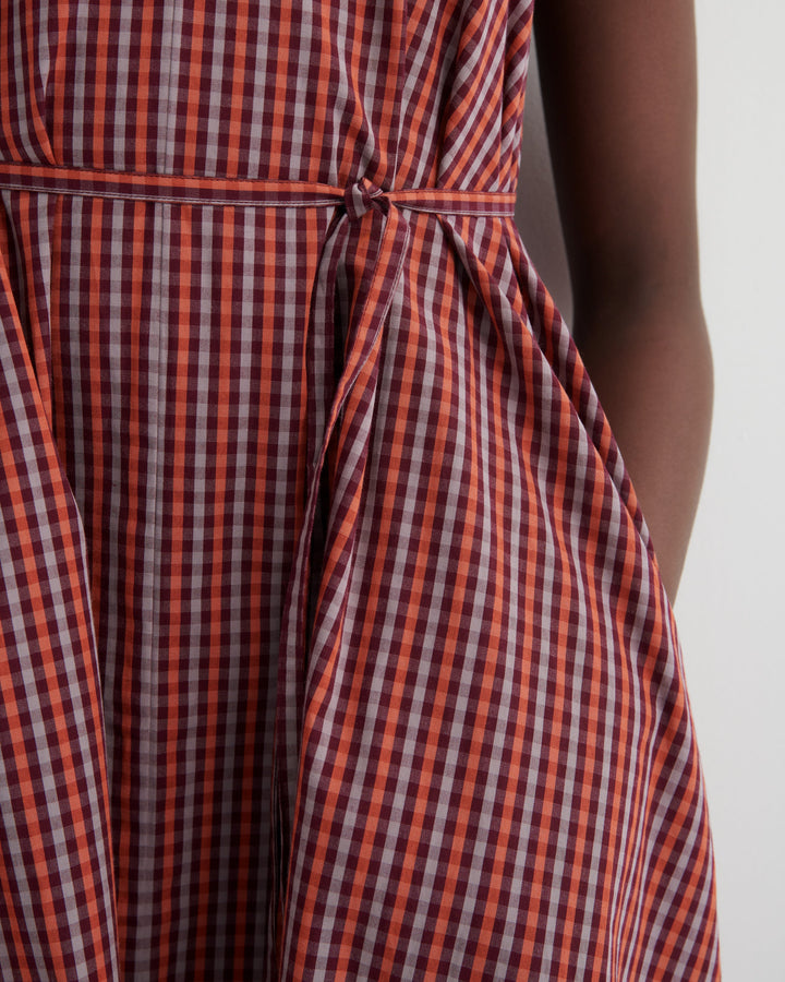 Belle Belted V-Neck Check Pinafore Dress – Maroon Check