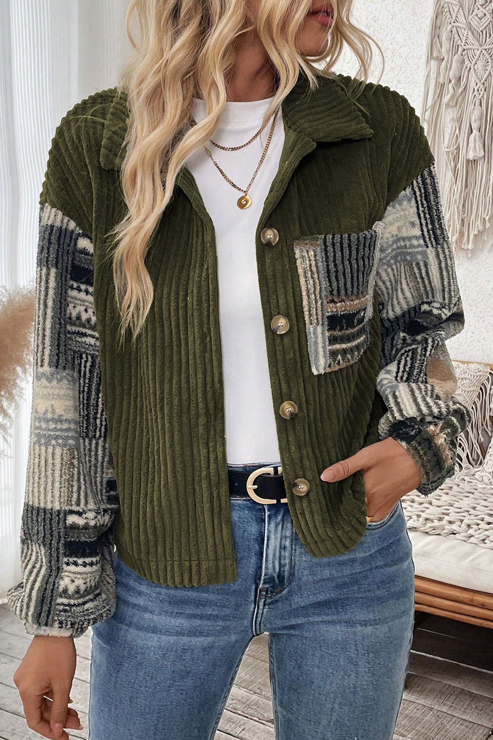 Jungle Green Ribbed Fleece Plaid Print Patchwork Button Up Jacket