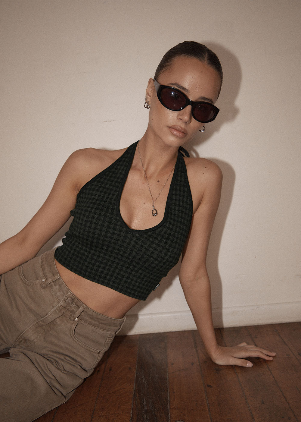 Womens Knit Halter Top Briar - Thyme Gingham - AFENDS