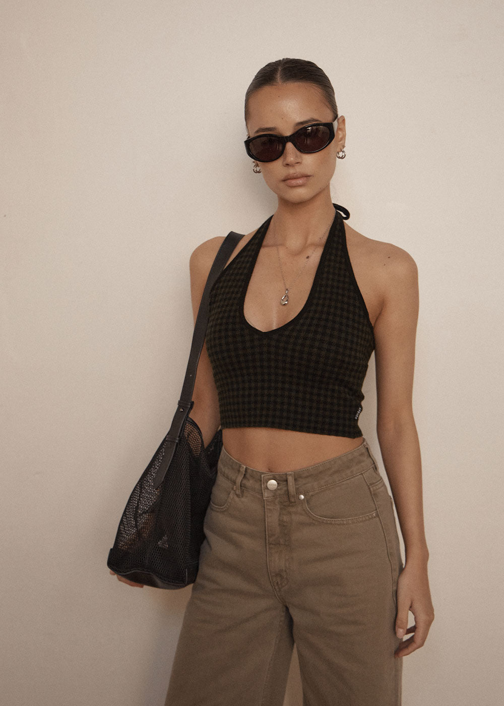 Womens Knit Halter Top Briar - Thyme Gingham - AFENDS
