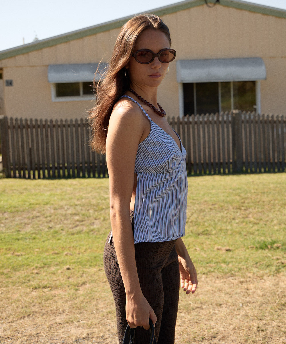 Womens Tie Top Annalise - Coffee / Blue Stripe - AFENDS