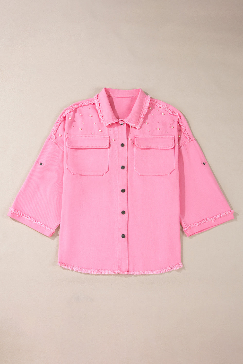 Bonbon Pearl Beaded Raw Hem Button Up Denim Jacket - Denim Jacket