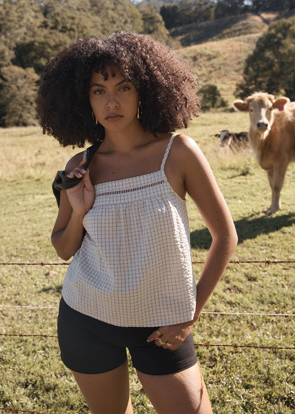 Womens Seersucker Cami Top Candice - Reverb Moonbeam Check - AFENDS