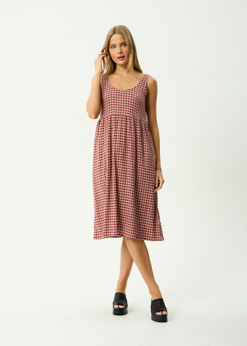 Womens Seersucker Midi Dress Capricorn - Burgundy / Beige Check - AFENDS