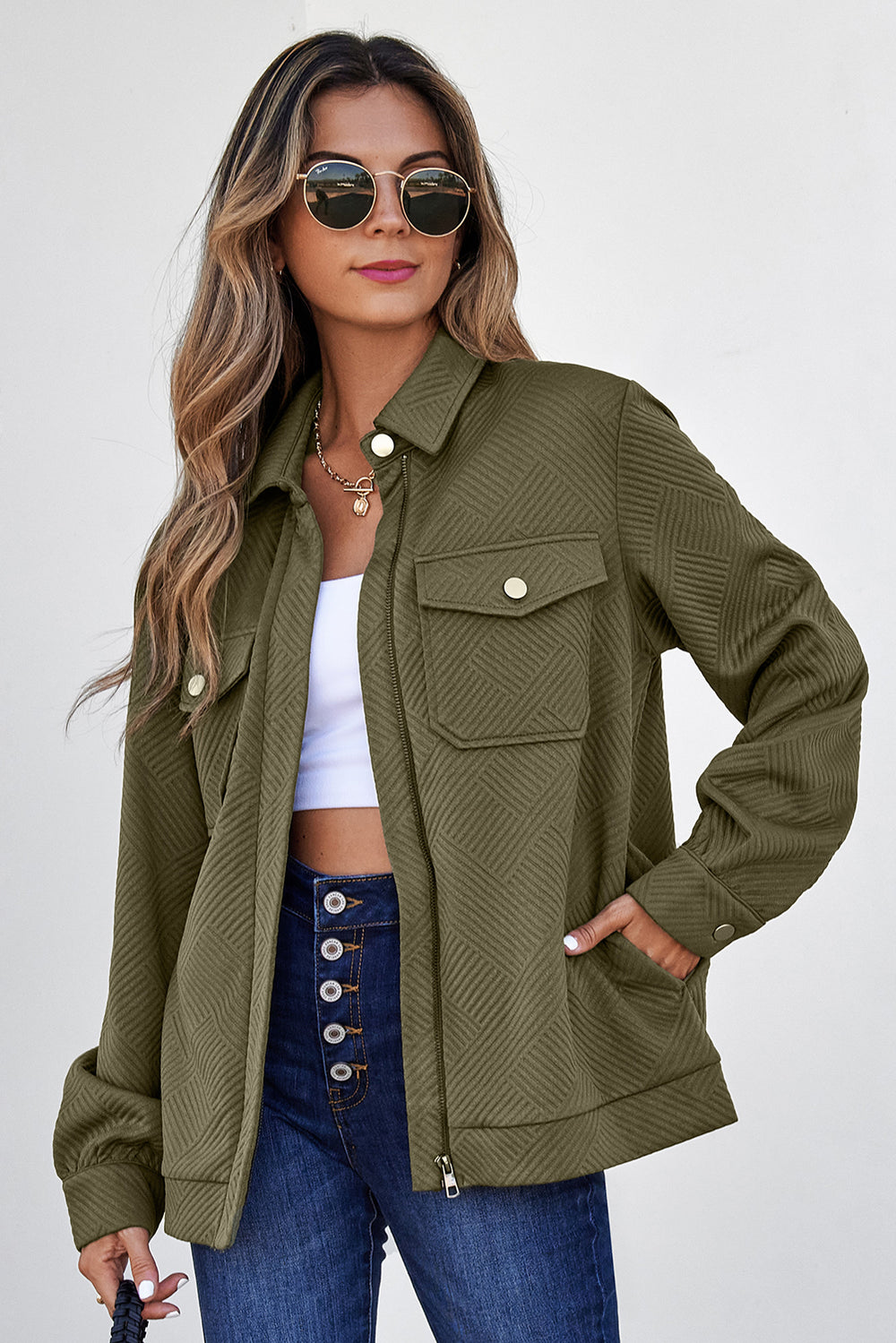 Blackish Green Solid Color Zip Up Button Flap Pocket Shirt Collar J...