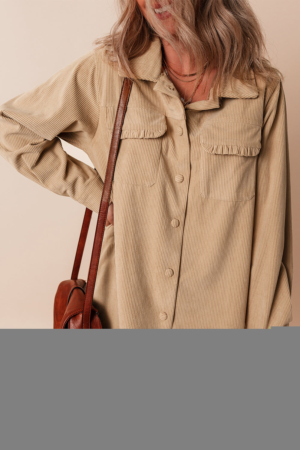 Light French Beige Solid Frilled Flap Pocket Button Up Corduroy Sha...