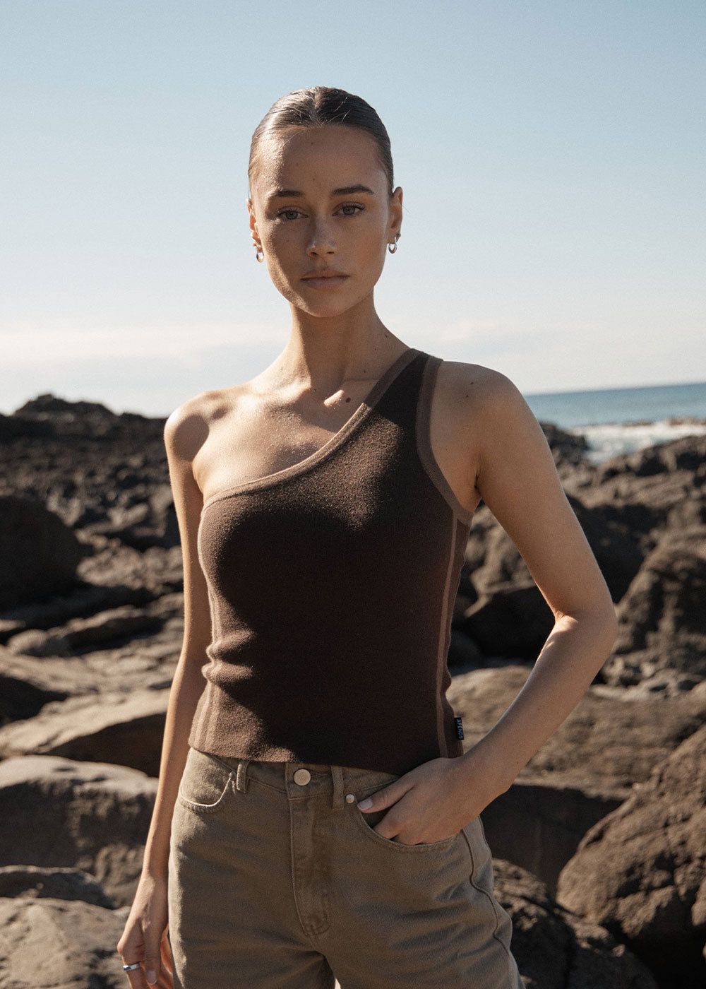 Womens One Shoulder Top Tiana - Coffee - AFENDS