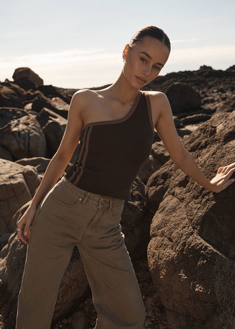 Womens One Shoulder Top Tiana - Coffee - AFENDS