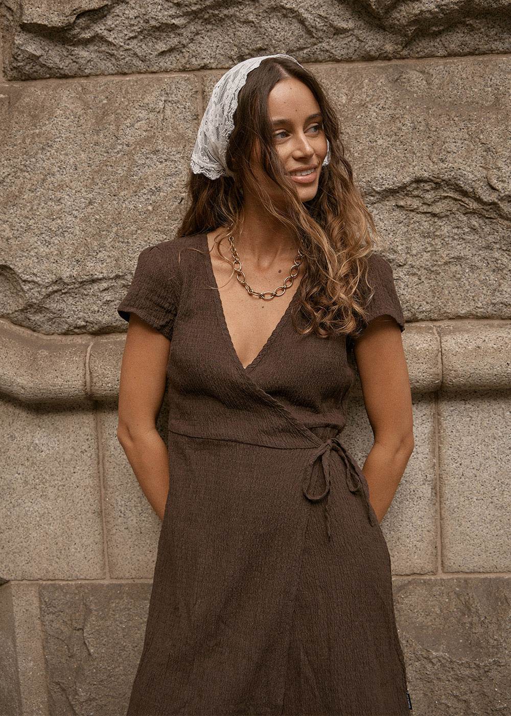 Womens Seersucker Mini Wrap Dress Farah - Coffee - AFENDS