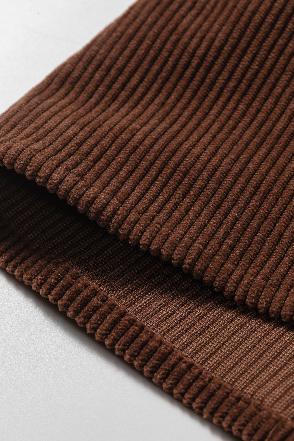 Coffee Solid Color Ruffle Trim V Neck Long Sleeve Button Corduroy S...