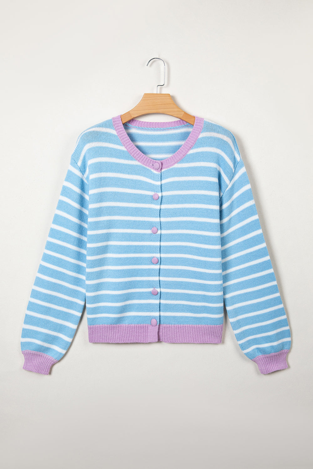 Sky Blue Stripe Striped Long Sleeve Round Neck Open Front Cardigan