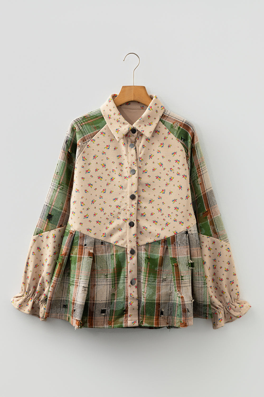 Oatmeal Boho Floral Plaid Patchwork Distressed Detail Ruffled Sleev...