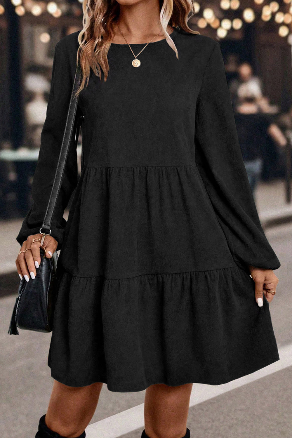 Dark Brown Lantern Sleeve Tiered Mini Dress